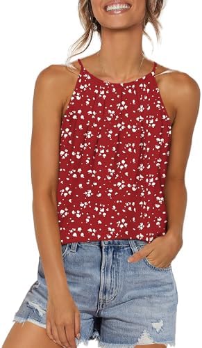 Tiny white dots across a bright red base give this flowy halter cami an easy retro look that packs small for sunny getaways.