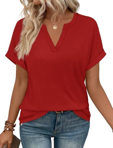 A bright red summer top cut in a soft stretch knit with rolled cuffs and a relaxed tunic hem that pairs easily with denim.