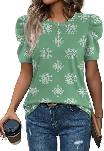 Shaped leg-of-mutton sleeves meet a lively green botanical print in this soft, breathable warm-weather knit blouse.