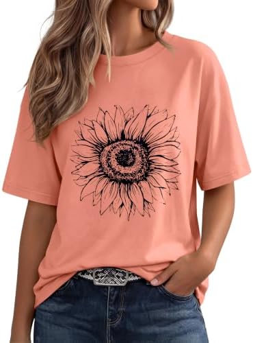 Bright yellow sunflowers stand out against a soft pink backdrop on this roomy, lightweight summer crewneck tee.