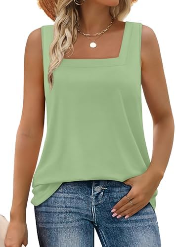 Cut with a neat square neckline and a curved hem, this green sleeveless top pairs easily with denim shorts or layered jackets.