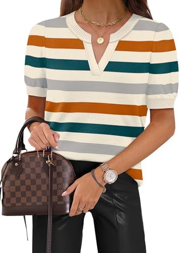 Brisk orange and green stripes bring crisp contrast to our lightweight short-sleeve sweater, spun with a neat V-neck.