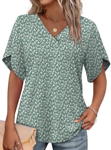 Split petal sleeves and a fresh botanical print give this V-neck blouse an easy lift over denim or tailored trousers.