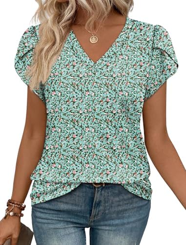 Petal sleeves with lace trim and soft pink blooms against green give this everyday knit top a fresh look.