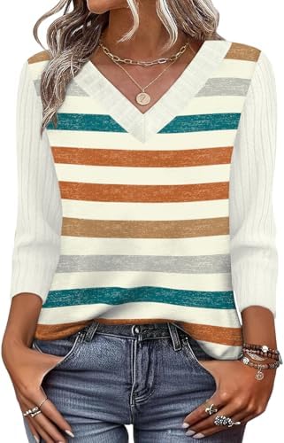 Bright orange stripes give this soft knit top a cheerful, sunny look with three-quarter sleeves and a clean V-neckline.