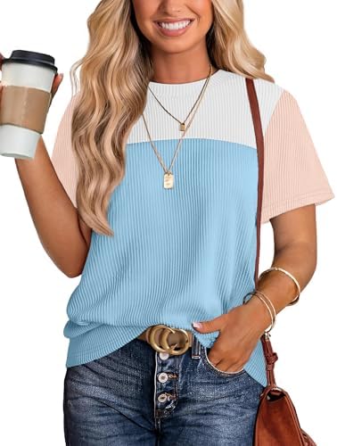 Horizontal color blocks in cool light blue and contrasting tones give this short sleeve knit top a clean, cheerful spring look.