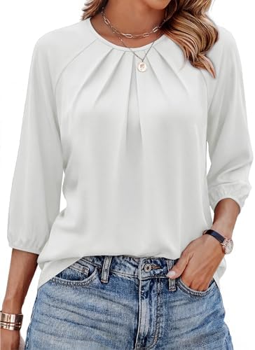 Crisp white fabric shapes this easy blouse, featuring gathered three-quarter sleeves and soft pleats beneath a classic round neckline.