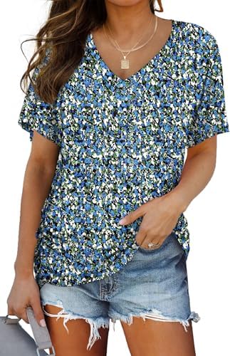 A soft floral blue knit with side shirring and a relaxed cut that pairs naturally with light-wash denim or linen shorts.