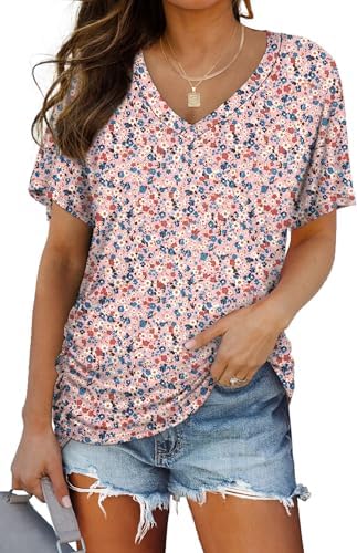 A soft petal-pink floral print softens the relaxed lines of this lightweight short-sleeve tee cut with gathered side seams.