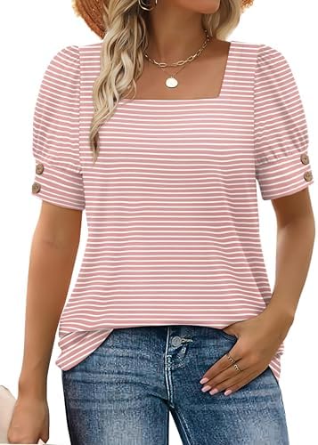 Fresh pink stripes meet a structured square neck and button-trimmed puff sleeves on this soft everyday summer top.