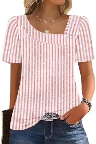 Fine pink stripes give this square neck top a breezy look, finished with gentle puff sleeves and decorative front buttons.