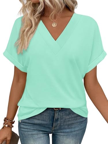 Cut in a crisp green knit, this relaxed short sleeve top features a clean V-neck and permanently rolled cuffs for easy summer days.