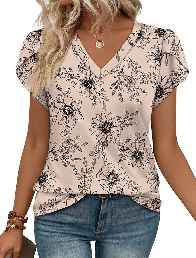Delicate beige floral print meets soft stretch knit and breezy petal sleeves with lace detail for warm-weather days.
