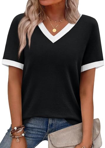A crisp colorblock pattern in black anchors this fine-gauge short sleeve knit, finished with a classic V-neckline.