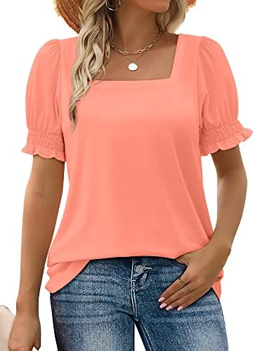 Ruffle cuffs and an open square neckline give this warm coral top an easy lift for sunny mornings and dinner out.