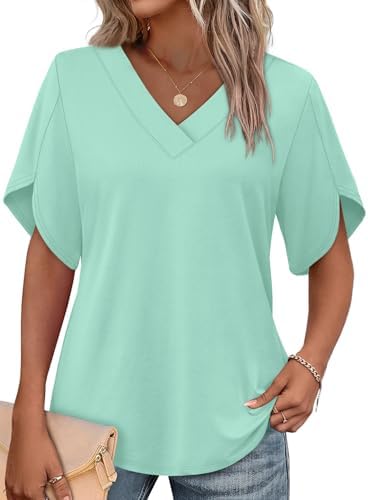 Overlapping petal sleeves and a clean V-neck give this lakegreen summer blouse an easy, polished drape for warm afternoons.