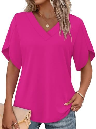 Split petal sleeves and a vivid hot pink tone give this soft V-neck blouse a bright, lively presence for sunny days.