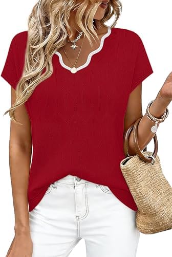 A textured diamond knit and scalloped V-neck give this red cap-sleeve top a polished feel for warm days.