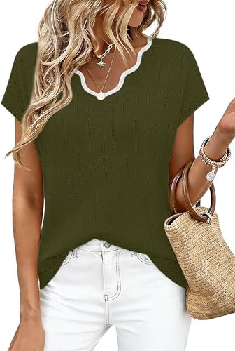 Delicate diamond-cutout knitting meets rich army green in this lightweight short-sleeve sweater, finished with a scalloped v-neck.