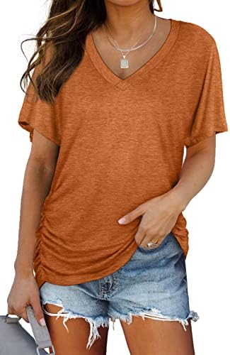 Burnt orange jersey and gathered side seams give this loose v-neck tee a warm, easy drape for sunny afternoons.
