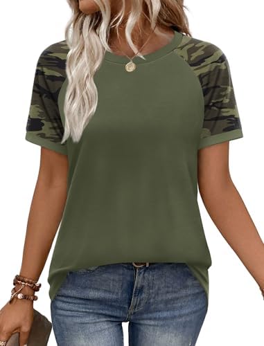 Raglan short sleeves in muted army green contrast against a subtle camo body for an easy travel top with a loose, boxy hang.