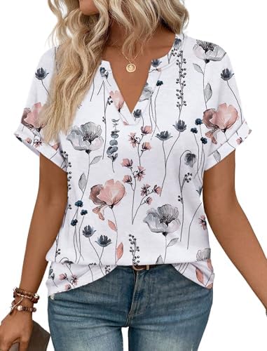 A soft floral print across a relaxed V-neck tee with rolled cuffs gives everyday denim an easy splash of pattern.
