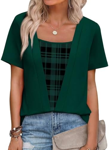 A deep dark green shade anchors this layered-look tee, giving you a coordinated two-in-one outfit in one easy short sleeve piece.