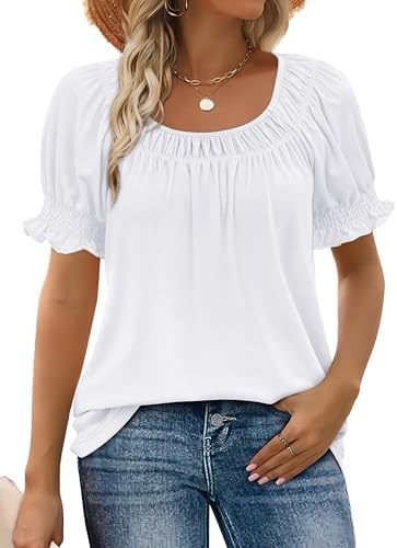 Gathered along a wide square neckline, this bright white summer blouse pairs crisp puff sleeves with a breezy, relaxed body.