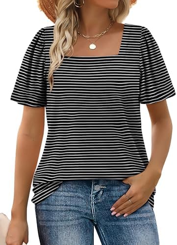 Crisp black stripes and a wide square neckline give this puff-sleeve summer tee an easy nautical mood that pairs with any denim wash.