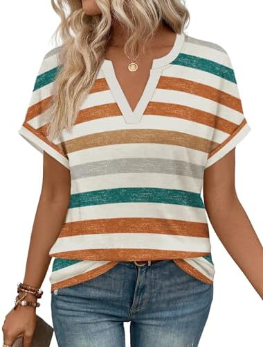 Bright color stripes run across this soft knit tee, cut with rolled cuffs and a relaxed v-neckline for warm days.