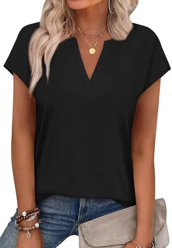 A notched neckline and neat cap sleeves give this black summer tee an easy balance of casual ease and clean polish.