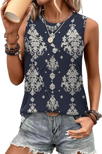 Textured front seams and a rich graphic navy print give this relaxed summer tank plenty of character for warm resort days.