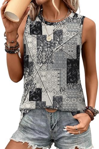 Textured front seams and a soft graphic plaid in grey give this loose-cut crewneck tank a clean look for warm days.