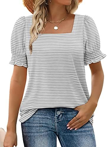 Fine grey stripes give this square-neck summer top a clean graphic look that pairs easily with white denim or dark wash shorts.