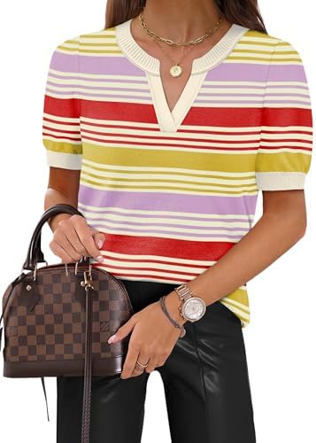 Crisp horizontal stripes set across a light viscose knit give this V-neck short sleeve sweater a tailored look for warm days.
