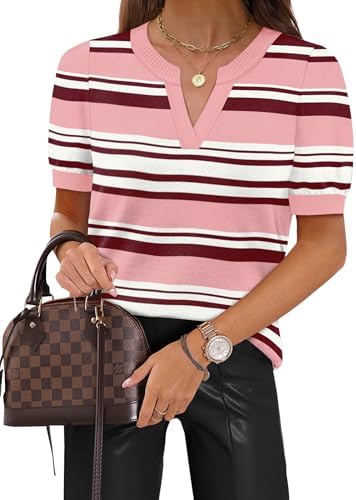 Horizontal stripes in soft pink meet a fine-gauge knit and a neat V-neck for warm workdays and cool mornings.