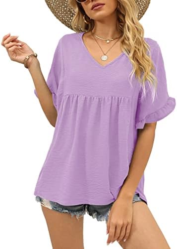 A soft lavender hue meets breezy ruffle sleeves and an easy peplum cut for sunny weekday afternoons.