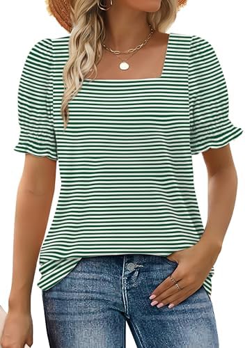 Crisp green stripes and ruffled sleeves give this square-neck summer top a fresh look that pairs cleanly with light denim.