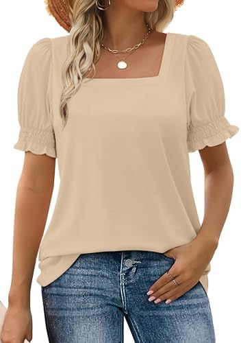 A soft beige top with an open square neckline and delicate ruffled sleeves for warm sunny days.