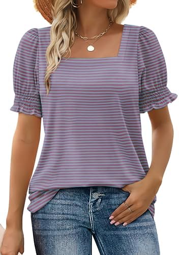 Cool blue and warm pink stripes give this square-neck summer top an easy, cheerful rhythm for sunny afternoons.