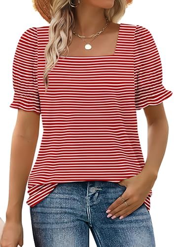 Crisp red stripes and a framed square neckline give this summer knit top a bright, nautical feel for sunny days.