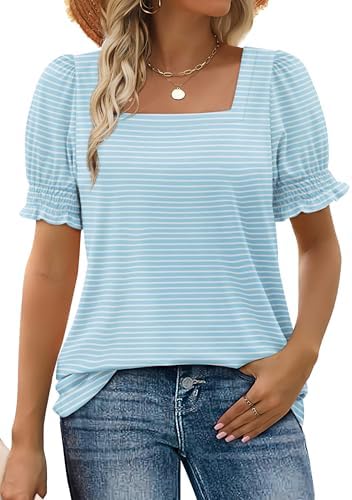Crisp blue stripes meet a framed square neckline and softly ruffled cuffs on this lightweight everyday summer knit top.