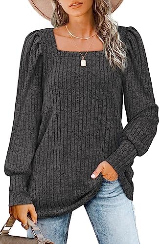 A structured square neckline and soft puff sleeves meet in charcoal-leaning dark grey knit for easy styling with denim or tailored trousers.