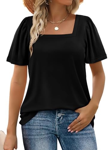 A clean square neckline pairs with gentle ruched puff sleeves in our soft, breathable black summer knit.