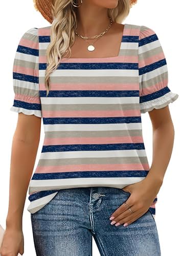 Blue and pink stripes bring cheerful contrast to this square-neck summer top with stretchy ruffled sleeves.