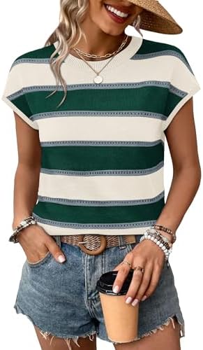 Delicate eyelet stripes and breezy cap sleeves give this lightweight green knit sweater an airy feel for warm sunny days.