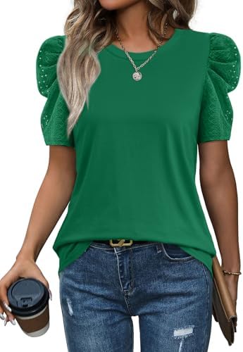 A vivid kelly green top with gathered leg-of-mutton puff sleeves and a classic round neckline cut in a soft, breathable summer knit.