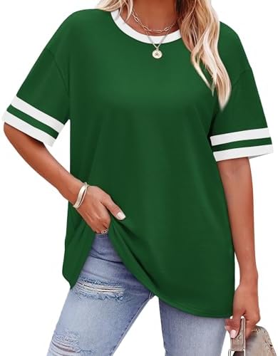 Striped sleeve cuffs bring a crisp accent to this deep green loose-fit summer tee cut in our soft breathable jersey.