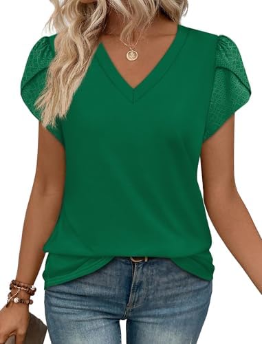 Petal sleeves with delicate lace trim frame this deep Kelly green V-neck tee cut from soft, stretchy everyday knit.