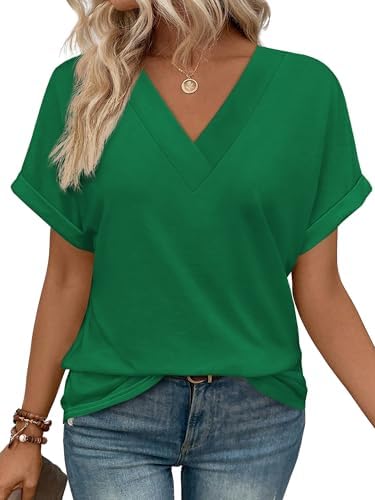 A bright Green-2 jersey tee cut loose through the torso with rolled short sleeves and an open V-neckline for warm days.